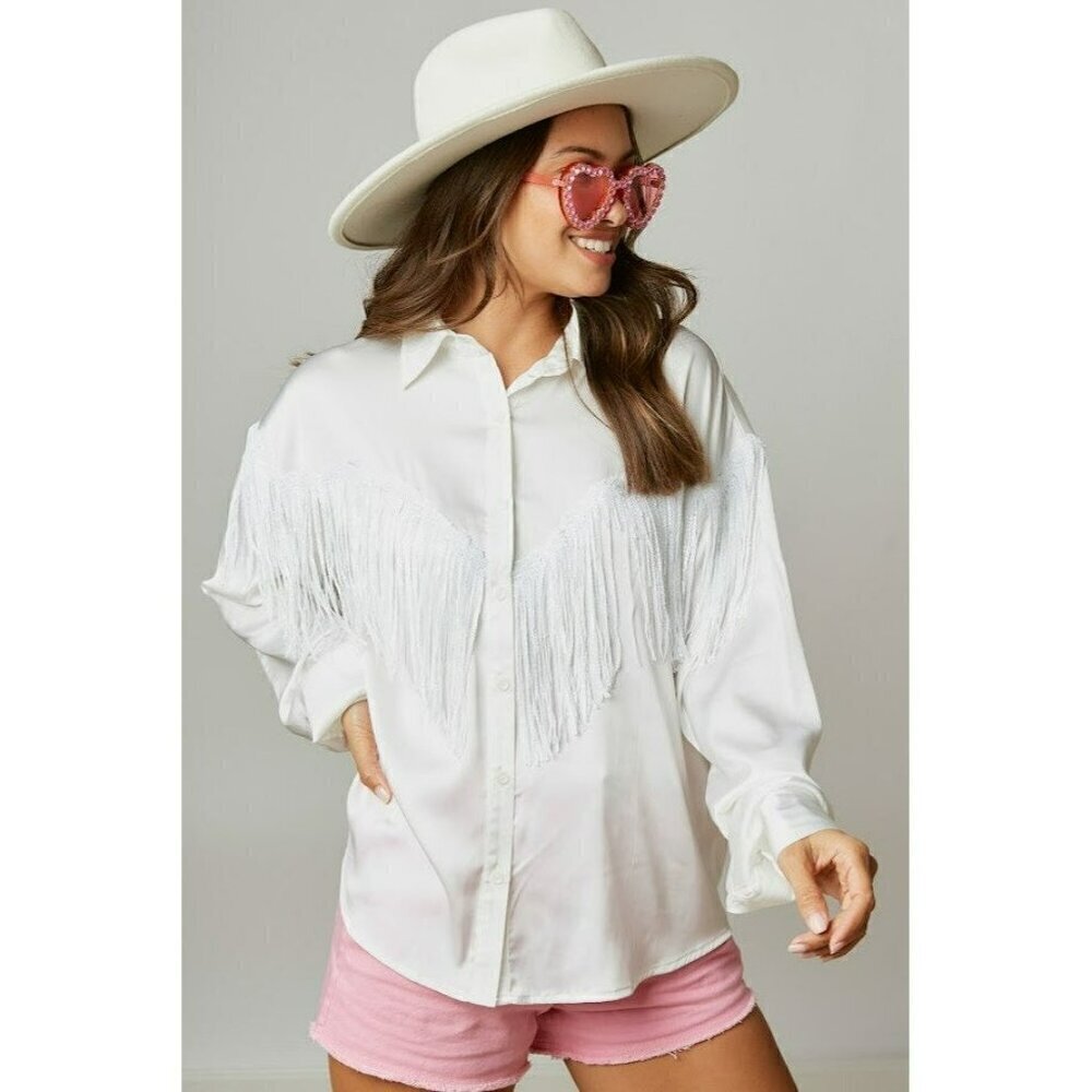 Flirty And Fringe Satin Shirt in Off White
